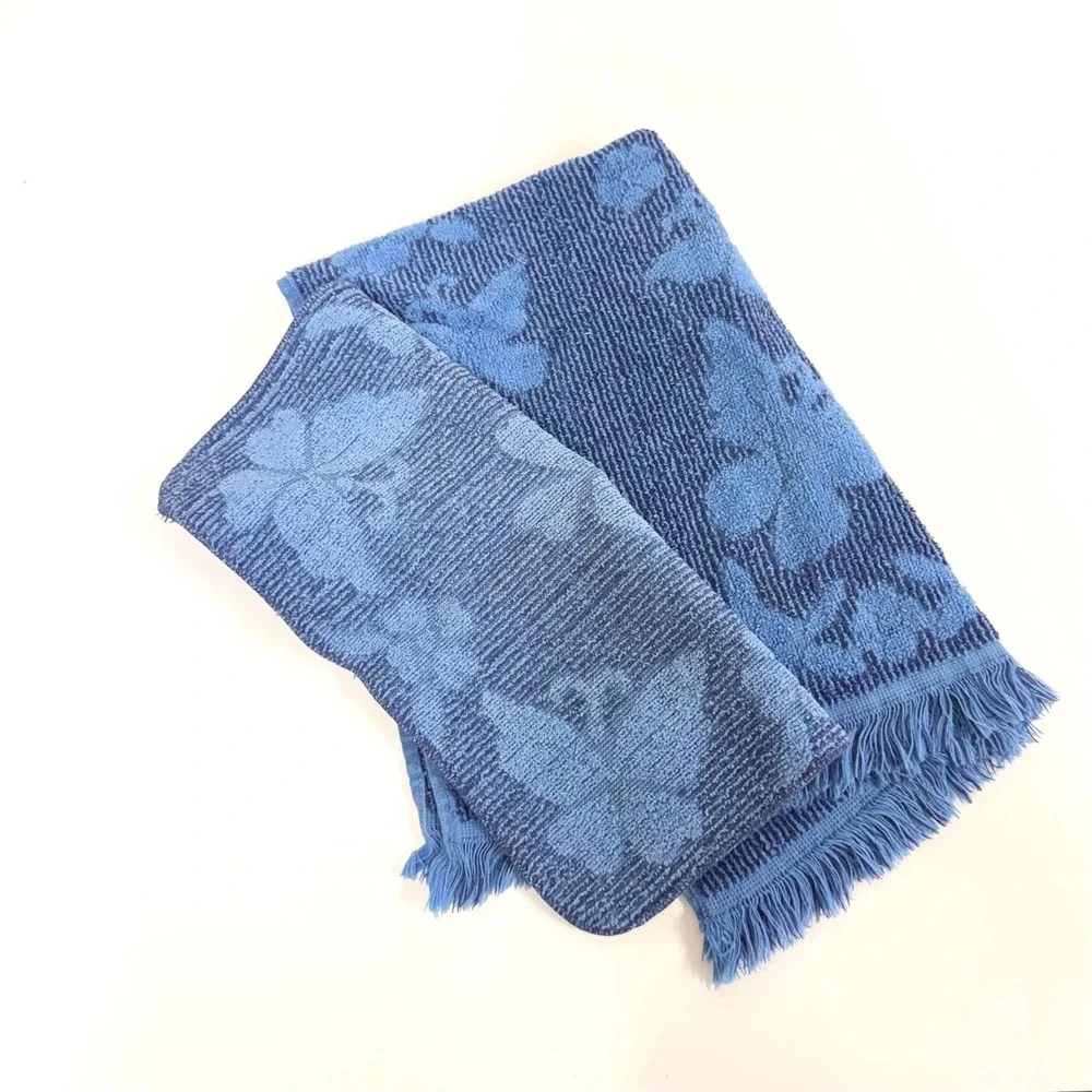 Vtg Cannon blue jacquard towel set raised butterfly floral pattern fringe trim